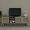 Meuble TV cannage, 3 portes sauge plateau effet chêne VAREN