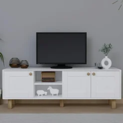Meuble TV cannage 3 portes blanches plateau effet chêne VAREN