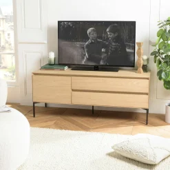 Meuble TV contemporain bois couleur noire 1 porte 2 tiroirs MAYENCE