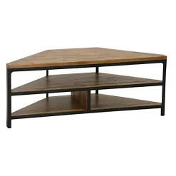 Meuble TV d'angle 3 étages ouverts en Hévéa recyclé naturel et métal 120x46x46cm LOFT