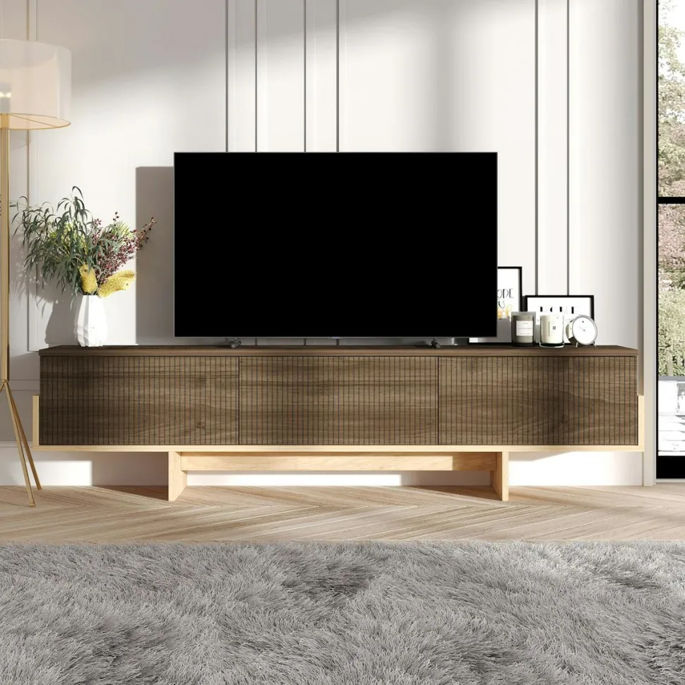 Meuble TV design 3 portes striées effet bois foncé cadre clair MARFA