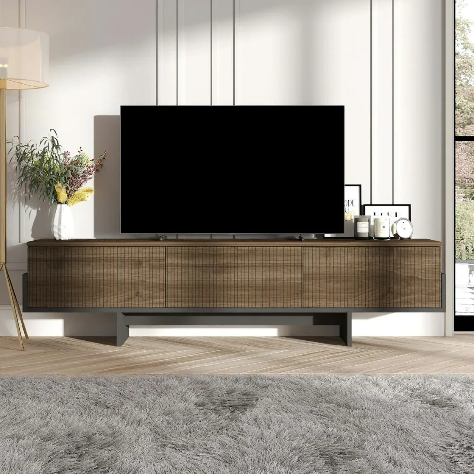 Meuble TV design 3 portes striées effet bois foncé cadre clair MARFA