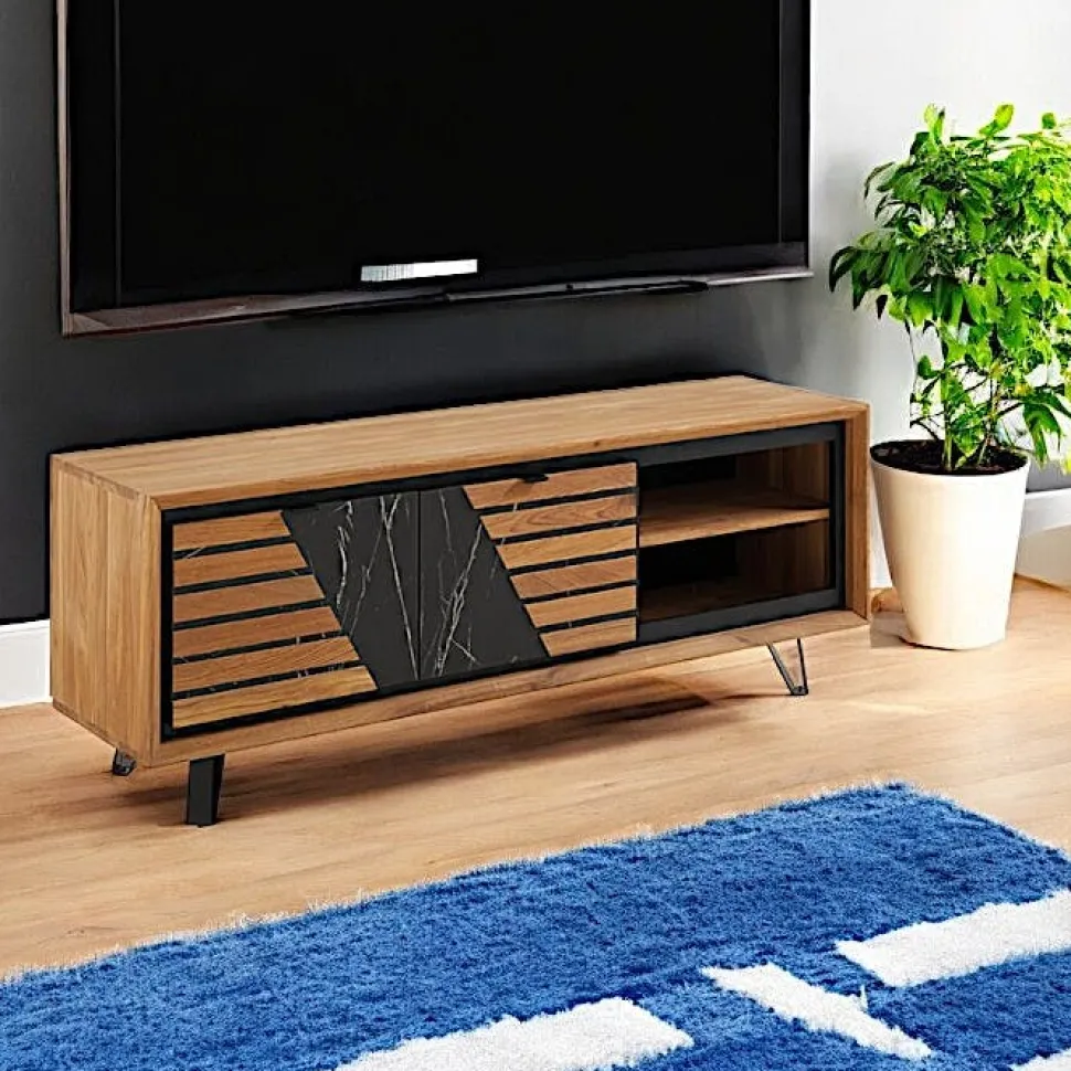 Meuble tv design en bois de chêne finition miel, 2 portes ESSEN