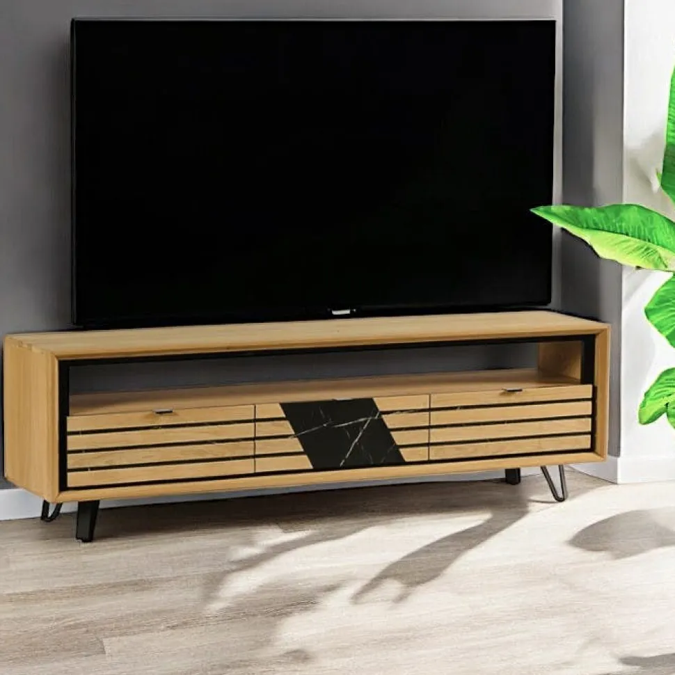 Meuble tv design en bois de chêne finition miel, 3 tiroirs ESSEN