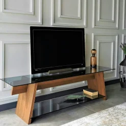 Meuble TV en bois brun et verre fumé - forme trapèze LHASA