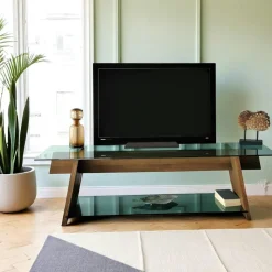 Meuble TV en bois brun et verre fumé - forme trapèze LHASA