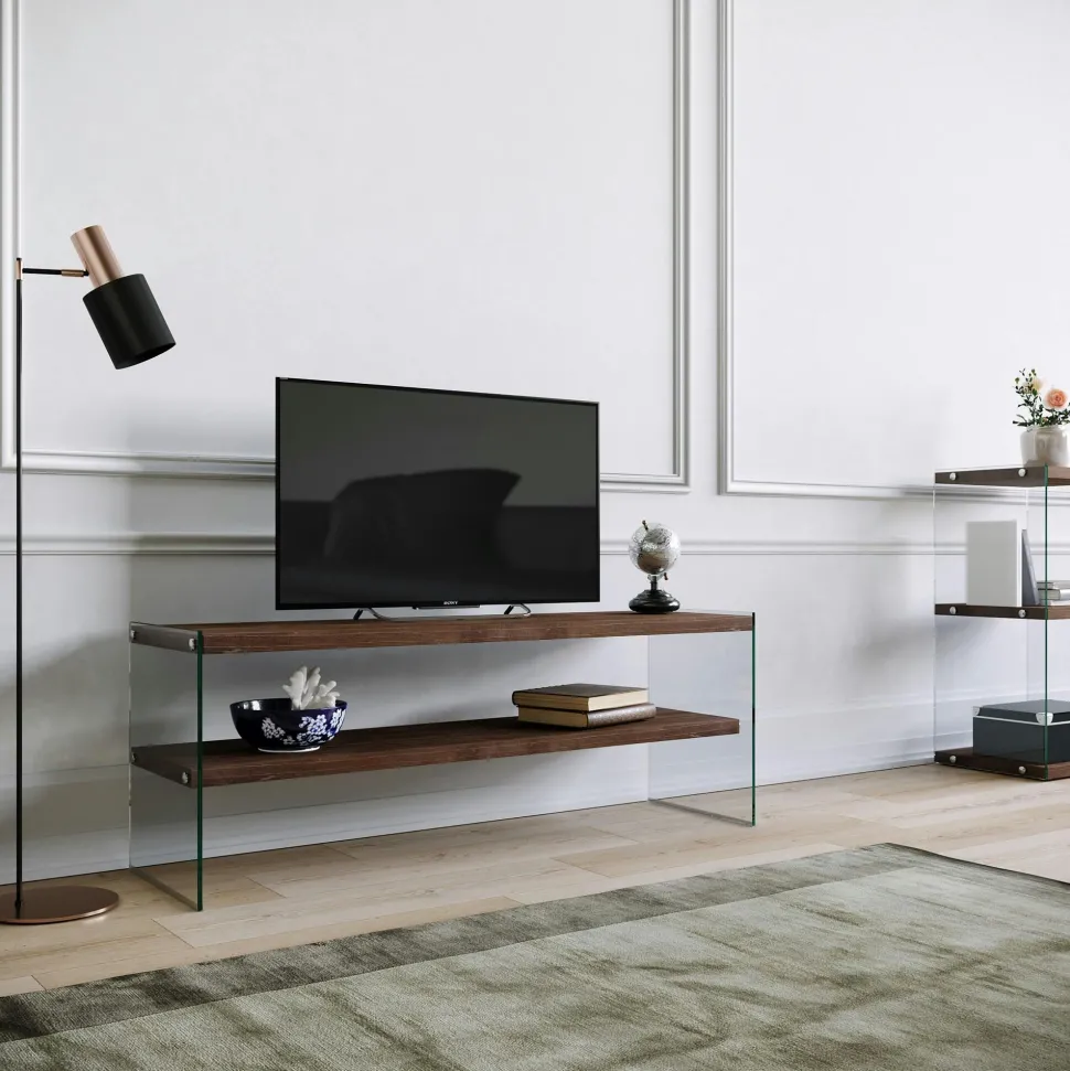 Meuble TV en bois brun et verre - 2 niveaux LHASA