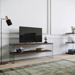 Meuble TV en bois clair et verre - 2 niveaux LHASA
