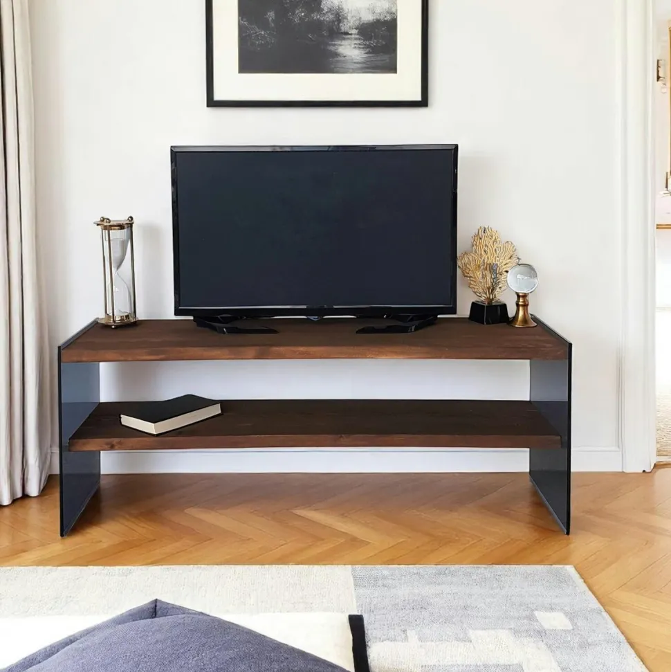 Meuble TV en bois clair et verre - 2 niveaux LHASA