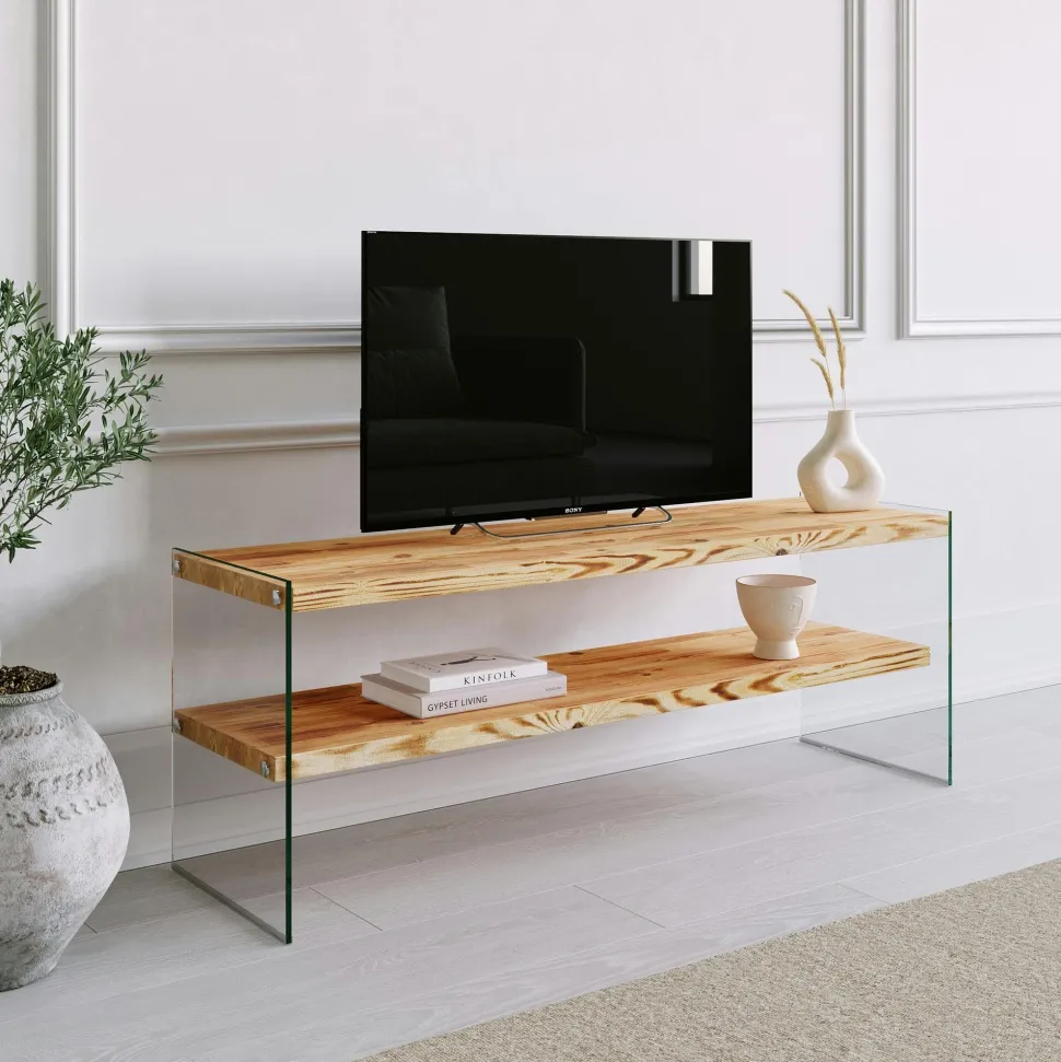 Meuble TV en bois marron et verre - 2 niveaux LHASA