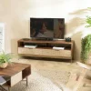 Meuble TV en bois pieds couleur laiton grande niche 2 tiroirs KANHA