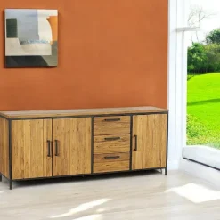 Meuble tv en teck poignées métal 3 tiroirs PUNE