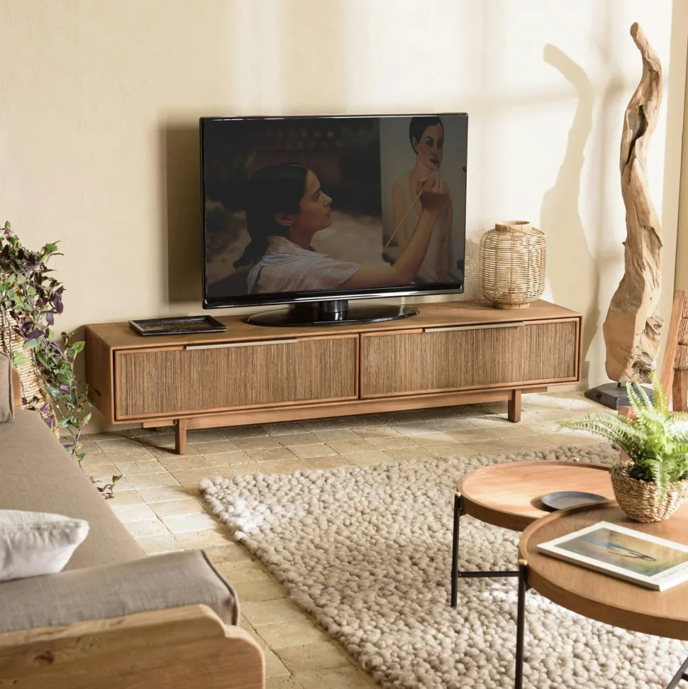 Meuble TV extensible et modulable en teck recyclé 2 tiroirs SWING