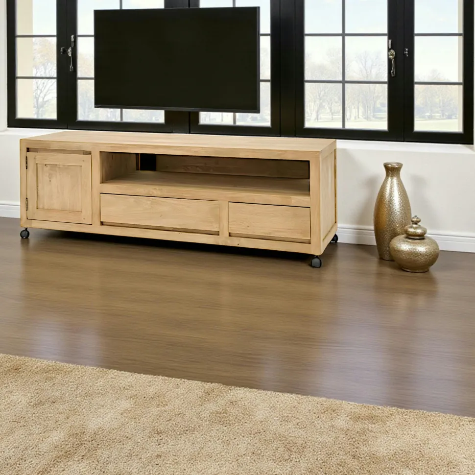 Meuble TV Hévéa à roulettes, 1 porte, 2 tiroirs, 1 grande niche 140x45x47,5 OLGA