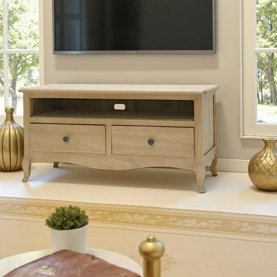 Meuble TV Hévéa 2 tiroirs, 1 grande niche 100x45x50cm TRADITION