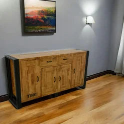 Meuble TV hévéa recyclé naturel et métal noirci 3 tiroirs 2 niches 120X40X55cm DOCKER
