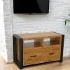 Meuble TV hévéa recyclé naturel et métal noirci 2 tiroirs 2 niches 90X40X55cm DOCKER
