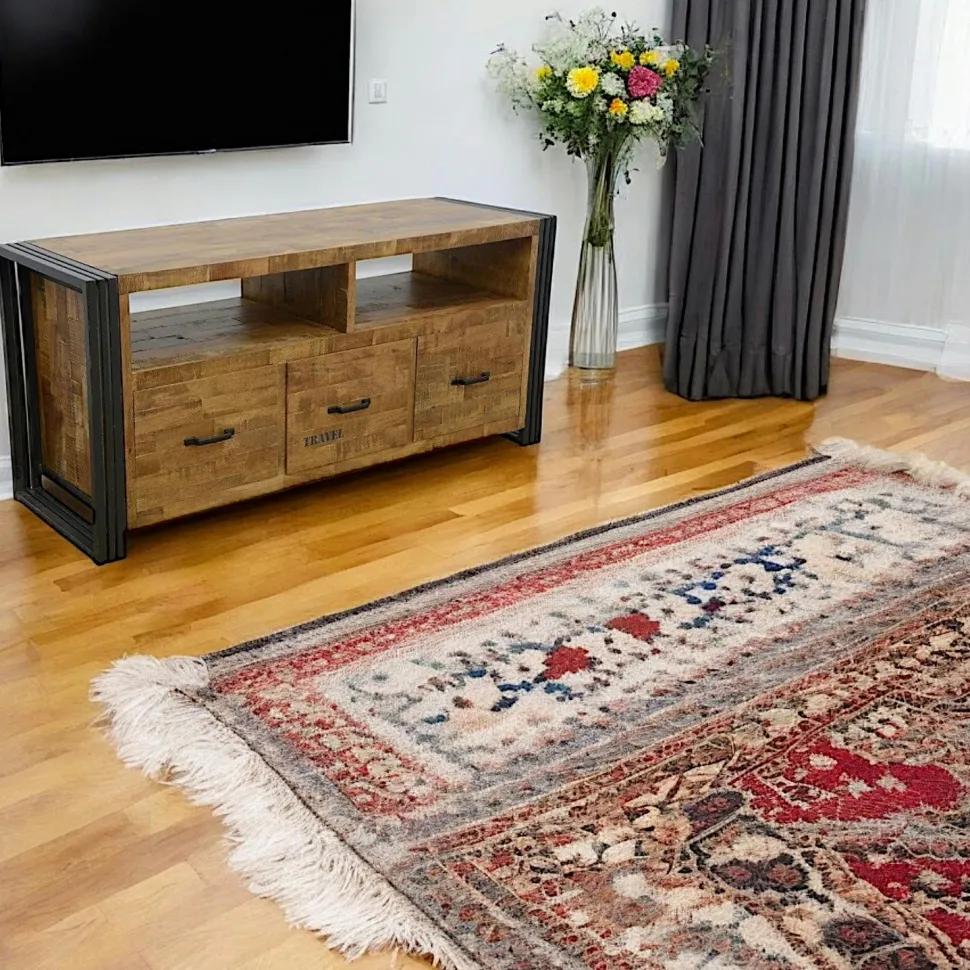 Meuble TV hévéa recyclé naturel et métal noirci 2 tiroirs 2 niches 90X40X55cm DOCKER