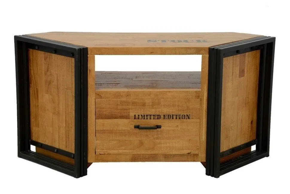 Meuble TV hévéa recyclé naturel et métal noirci 2 tiroirs 2 niches 90X40X55cm DOCKER