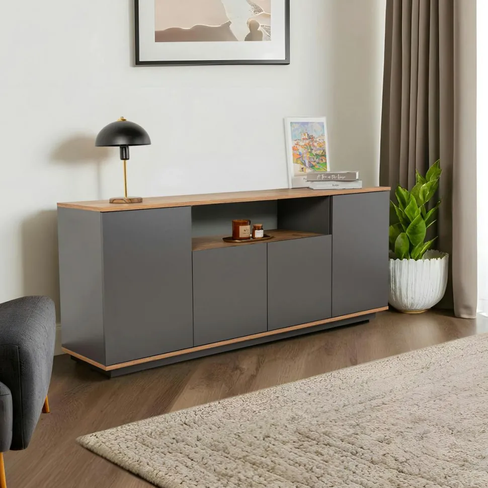 Meuble TV moderne 3 portes blanc et effet noyer MARFA