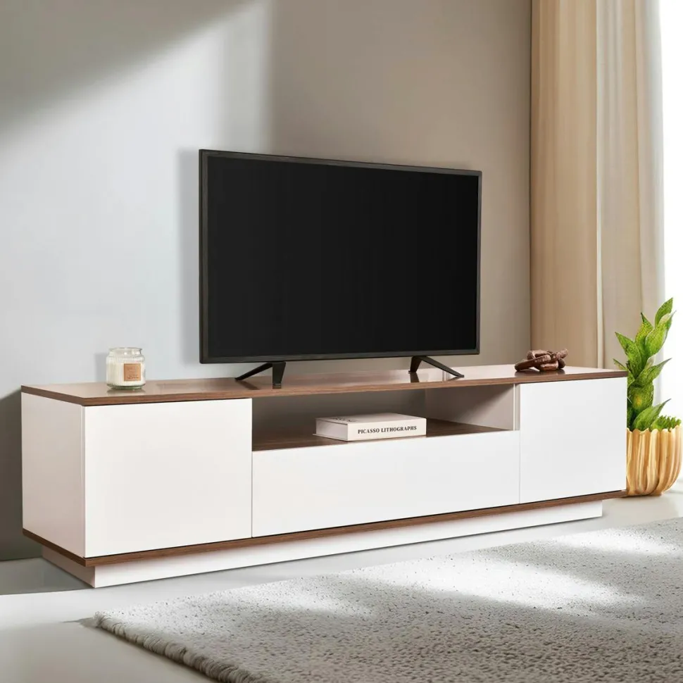 Meuble TV moderne 3 portes blanc et effet chêne MARFA
