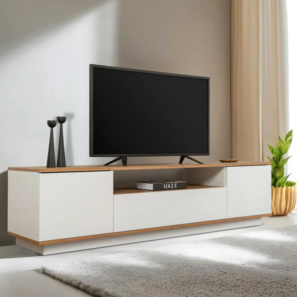 Meuble TV moderne 3 portes gris foncé et effet pin MARFA
