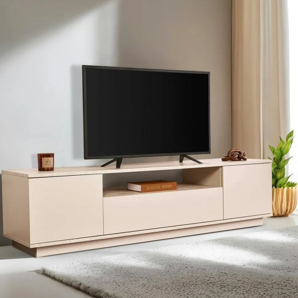 Meuble TV moderne 3 portes gris foncé et effet pin MARFA