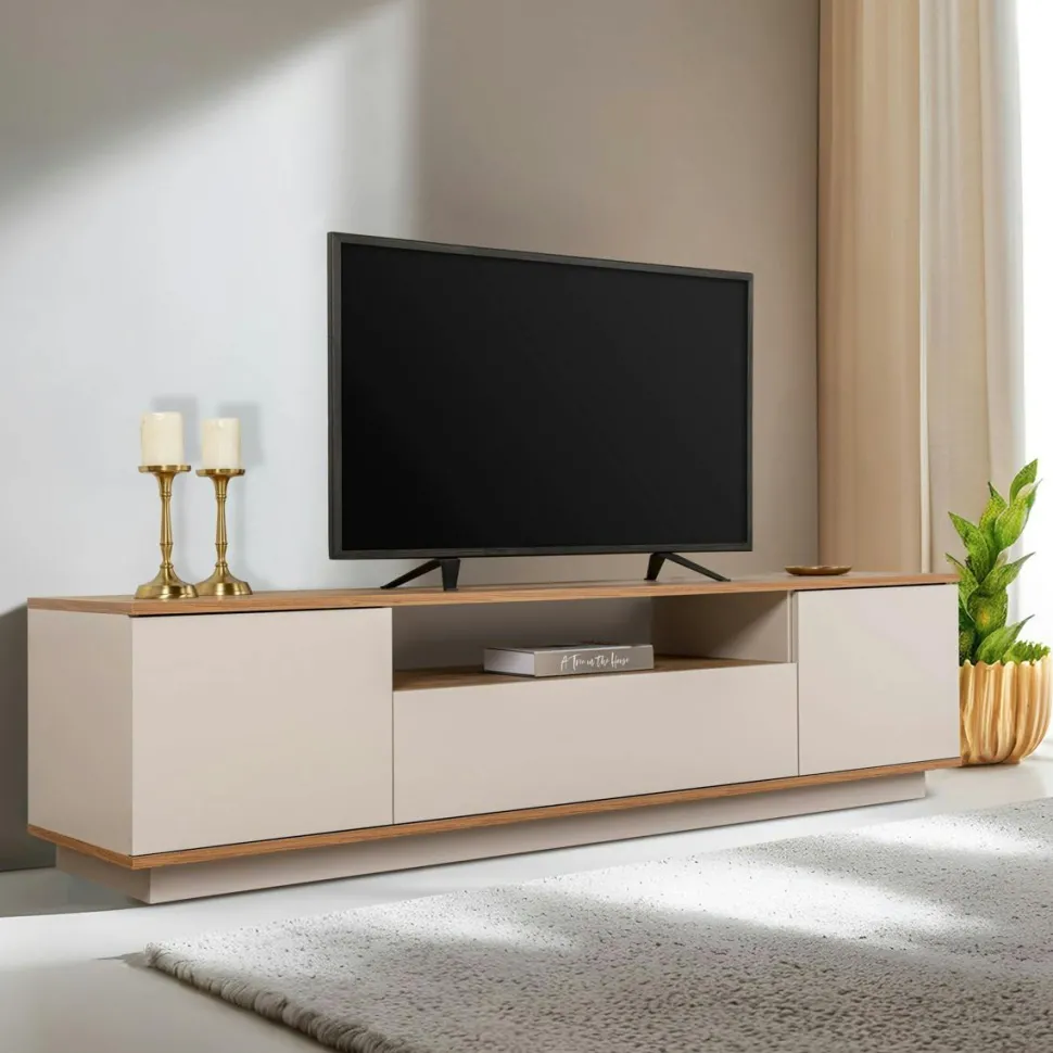 Meuble TV moderne 3 portes gris foncé et effet pin MARFA
