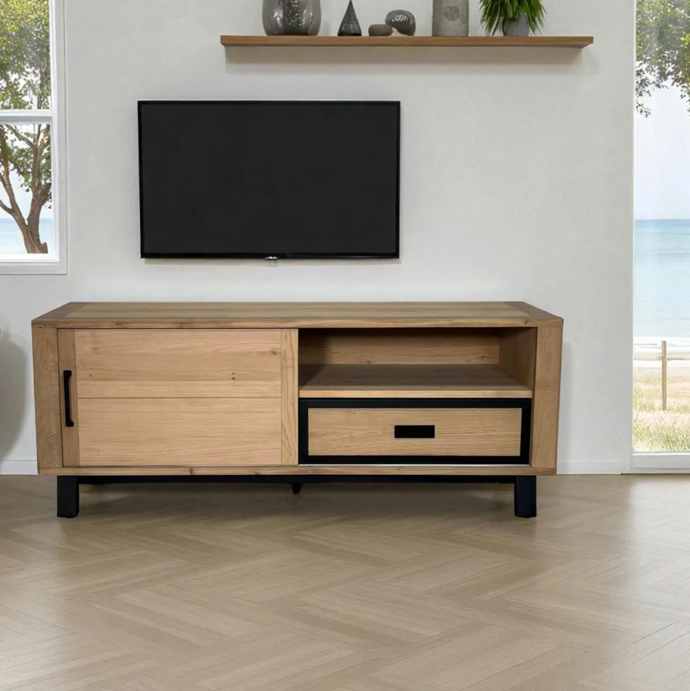 Meuble TV moderne avec rangement - bois clair chêne GRADO