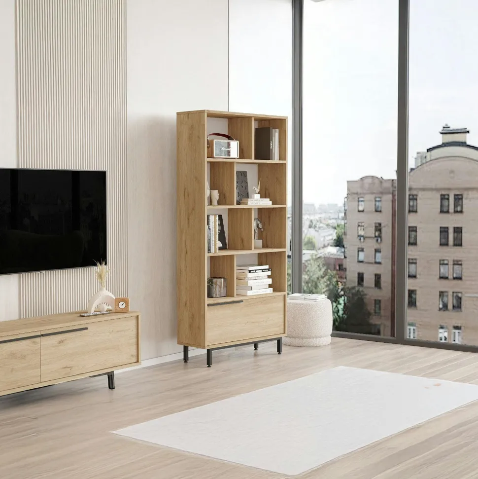 Meuble TV moderne effet bois clair - 2 niches traversantes JENA