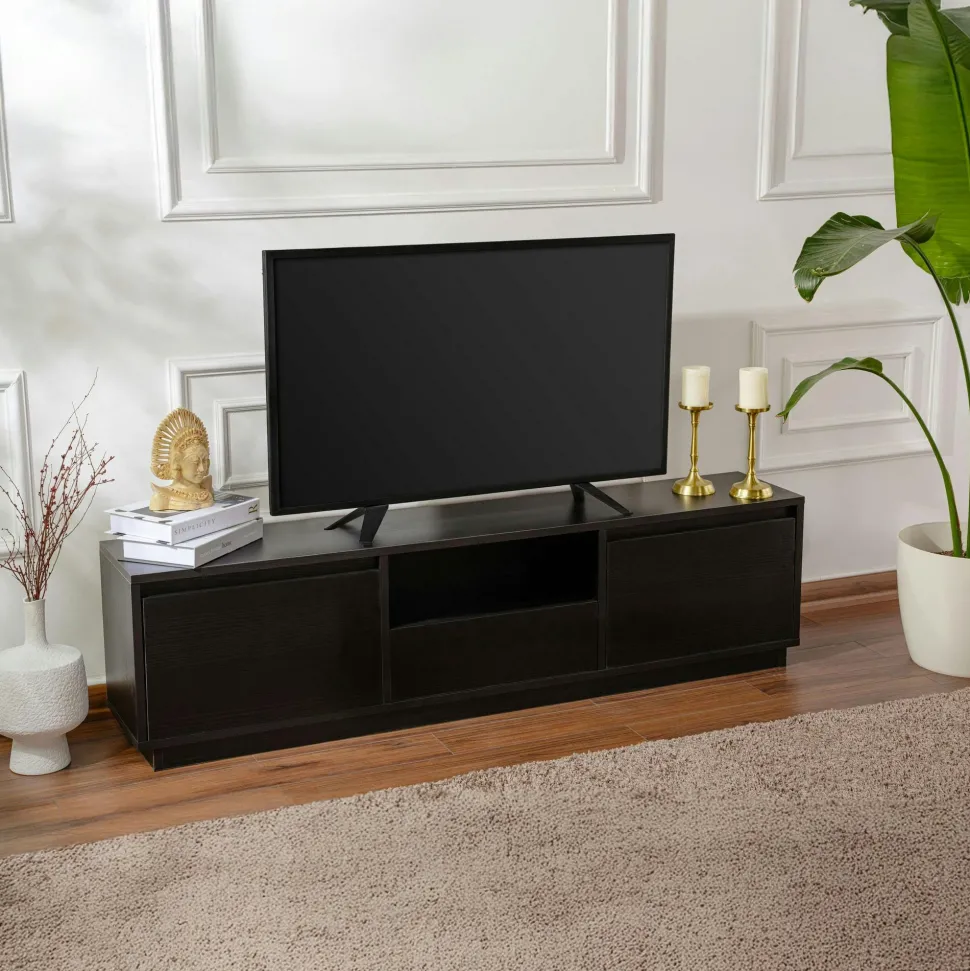 Meuble TV noir avec rangement - effet bois MARFA
