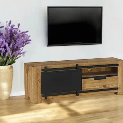 Meuble tv porte coulissante pin brossé SOHO