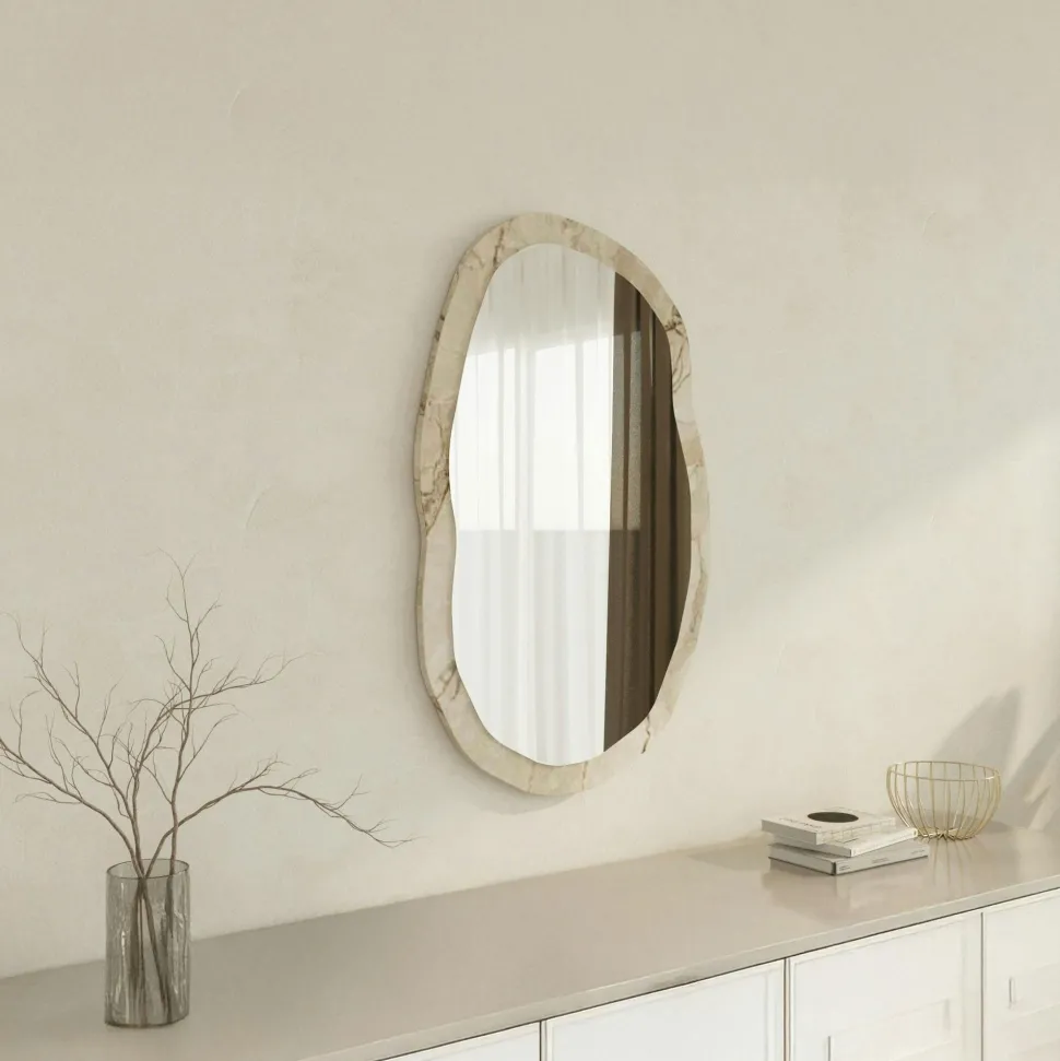 Miroir design organique cadre effet marbre beige 85 cm CODY