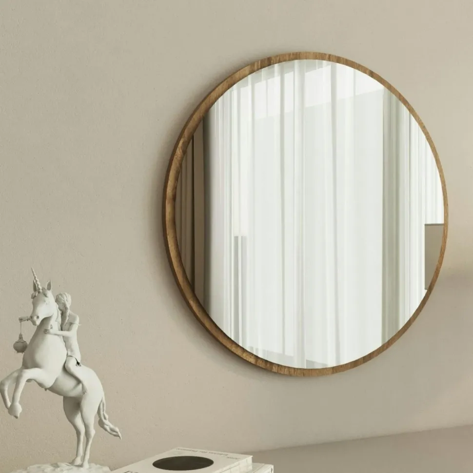 Miroir rond moderne avec cadre effet noyerØ60 cm CODY