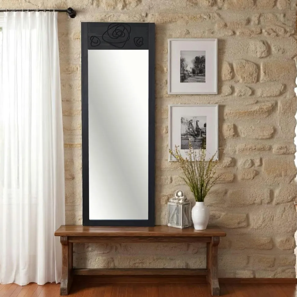 Miroir vertical en bois gris foncé - motif rose HILO