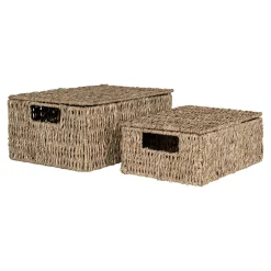 Panier de rangement avec poignées et couvercle en jonc de mer (lot de 2)