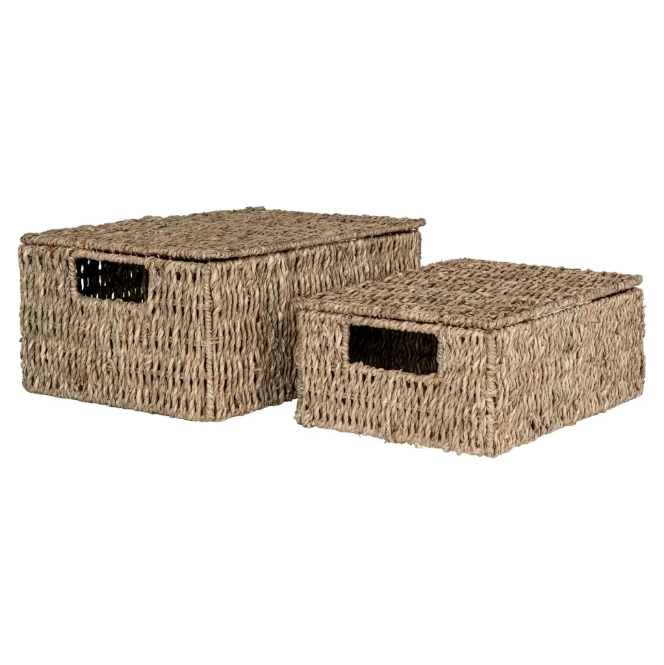 Panier de rangement avec poignées et couvercle en jonc de mer (lot de 2)