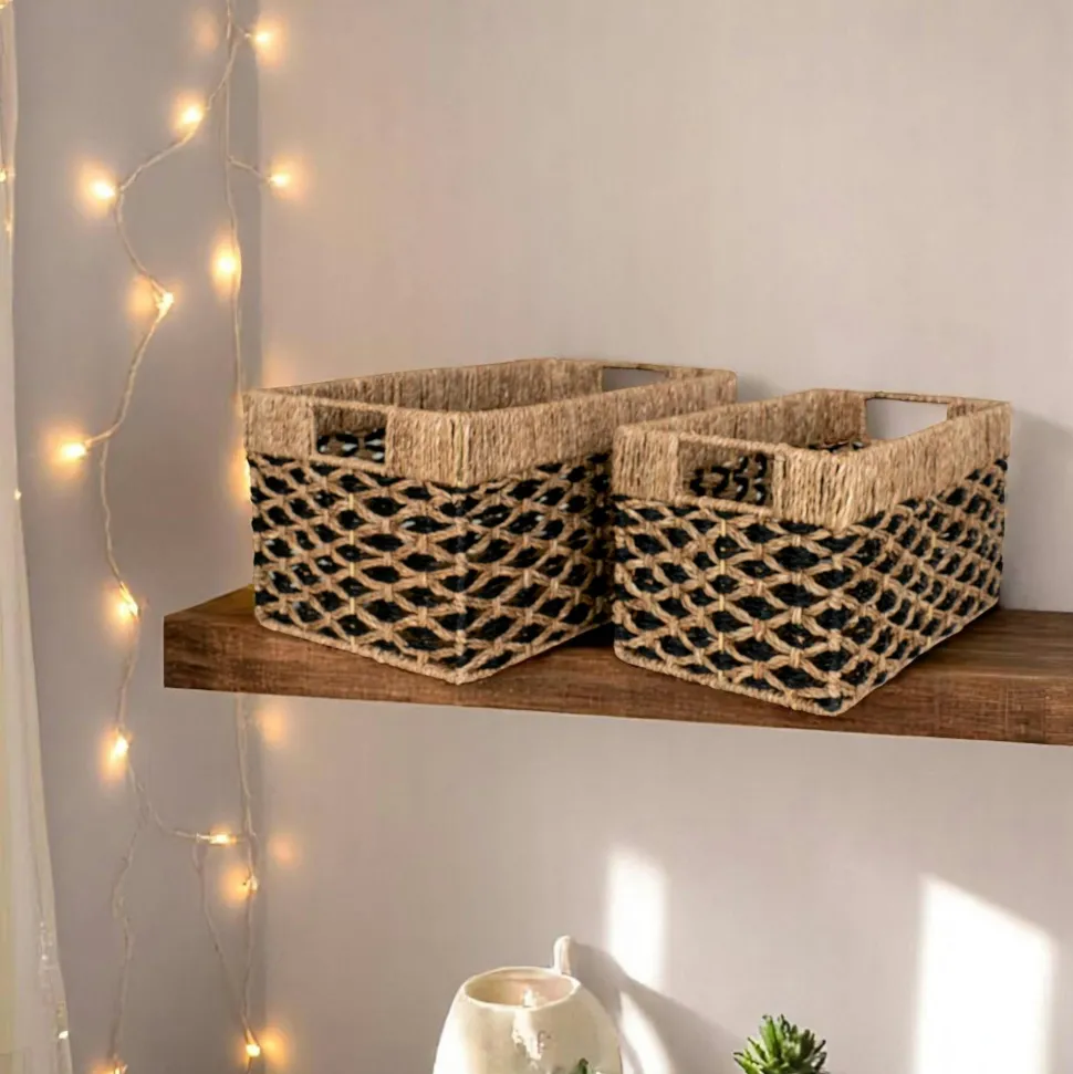 Panier de rangement déco en jonc de mer noir et naturel (lot de 2)