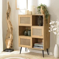 Petit buffet bois et rotin 2 portes coulissantes ALCUDIA