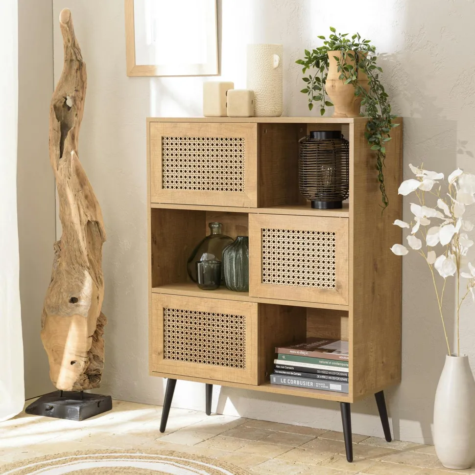 Petit buffet bois et rotin 2 portes coulissantes ALCUDIA