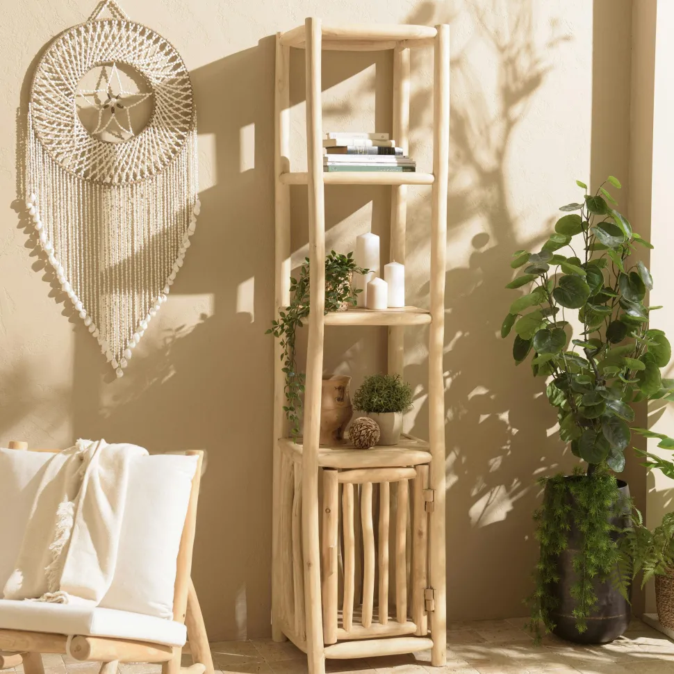 Petite colonne de rangement 3 niveaux rondins teck naturel MANAK