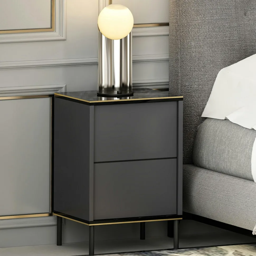 Petite commode moderne 4 tiroirs effet noyer & gris BYRON