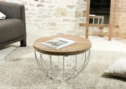 Petite table basse ronde teck recyclé structure filaire blanche SWING