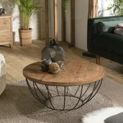 Petite table basse ronde teck recyclé structure filaire blanche SWING