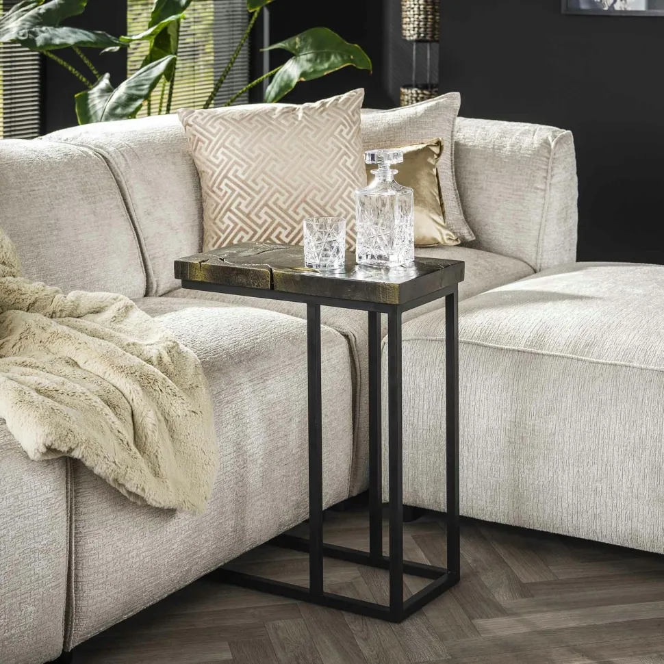 Petite table d'appoint en teck recyclé gris et or NOVA