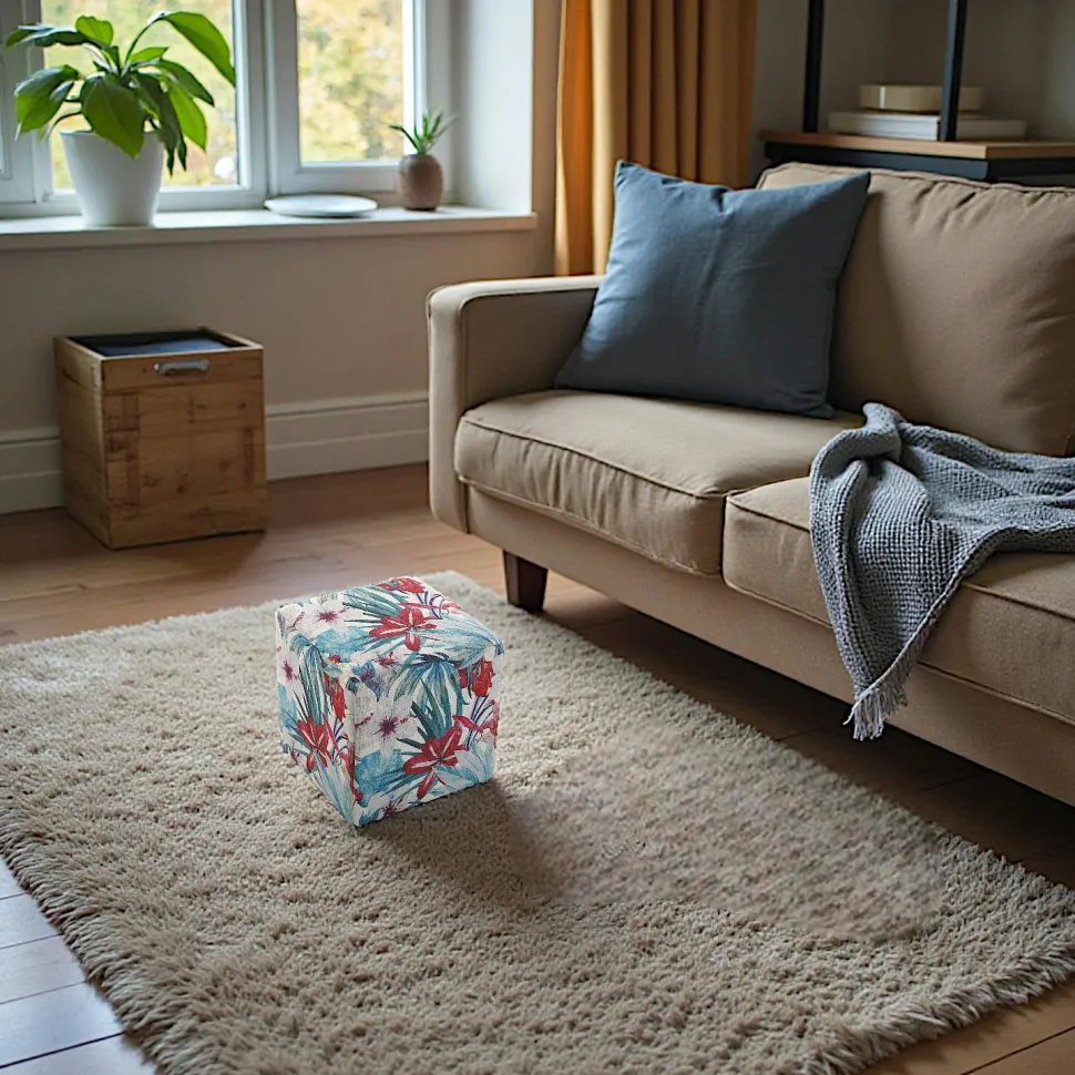 Pouf cube tropical motif perroquets, feuilles et fleurs 35x35x35cm BORNEO