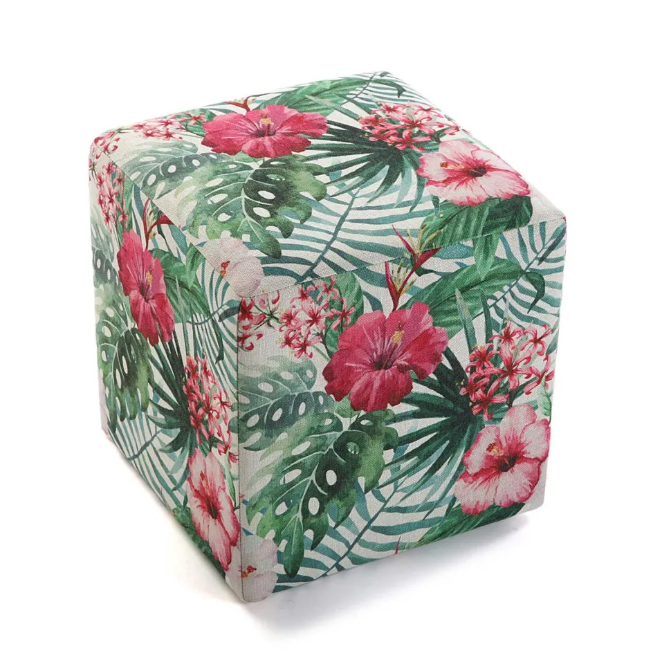 Pouf cube tropical motif perroquets, feuilles et fleurs 35x35x35cm BORNEO