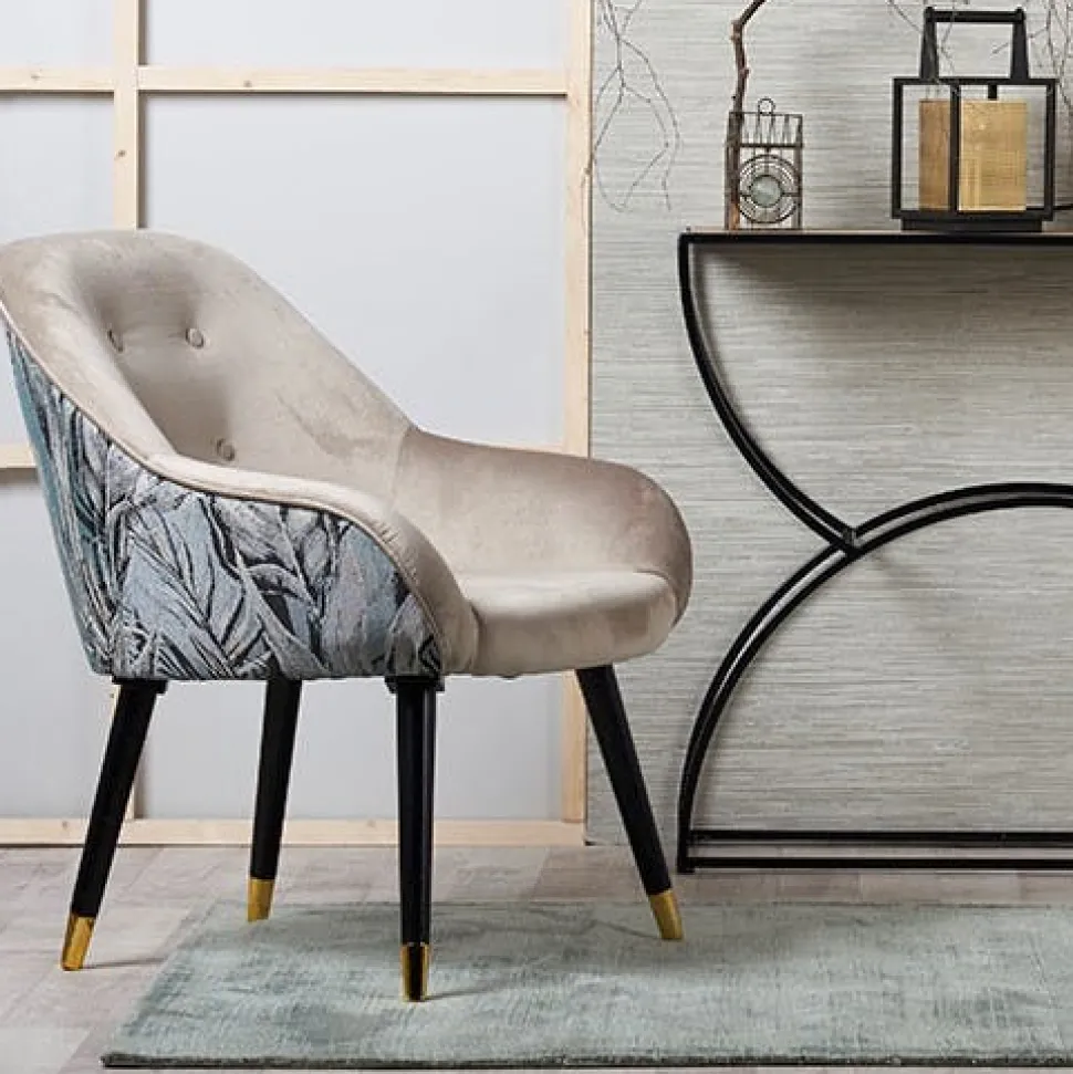 Pouf de salon motif feuillage beige et gris