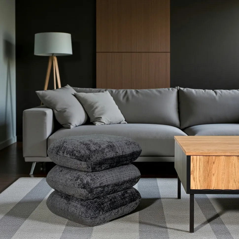 Pouf pivotant gris bleu effet coussins empilés IENA