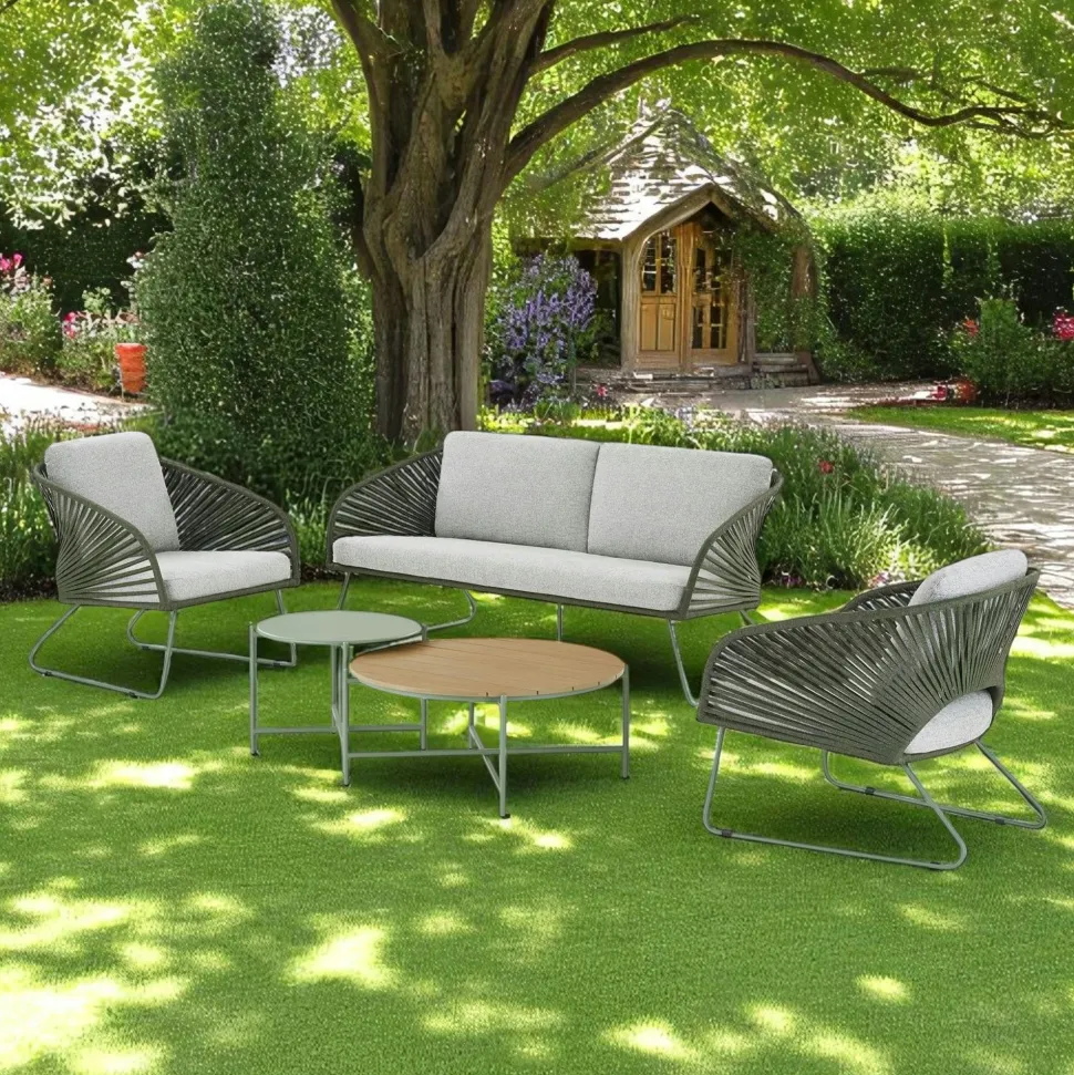 Salon de jardin 4 places avec tables basses, couleur jaune pâle MENDOZA